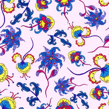 Çiçekli ve yapraklı suluboya desenler etnik tarzda. Çiçek süsleme. Geleneksel şal deseni. Tekstil tasarım dokusu. Kabilesel etnik klasik dikişsiz model..