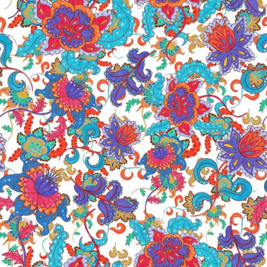 Çiçekli ve yapraklı suluboya desenler etnik tarzda. Çiçek süsleme. Geleneksel şal deseni. Tekstil tasarım dokusu. Kabilesel etnik klasik dikişsiz model..