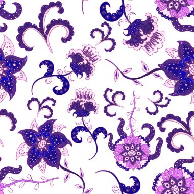 Çiçekli ve yapraklı suluboya desenler etnik tarzda. Çiçek süsleme. Geleneksel şal deseni. Tekstil tasarım dokusu. Kabilesel etnik klasik dikişsiz model..