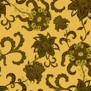 Çiçekli ve yapraklı suluboya desenler etnik tarzda. Çiçek süsleme. Geleneksel şal deseni. Tekstil tasarım dokusu. Kabilesel etnik klasik dikişsiz model..