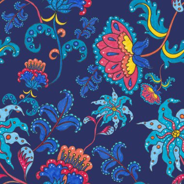 Çiçekli ve yapraklı suluboya desenler etnik tarzda. Çiçek süsleme. Geleneksel şal deseni. Tekstil tasarım dokusu. Kabilesel etnik klasik dikişsiz model..