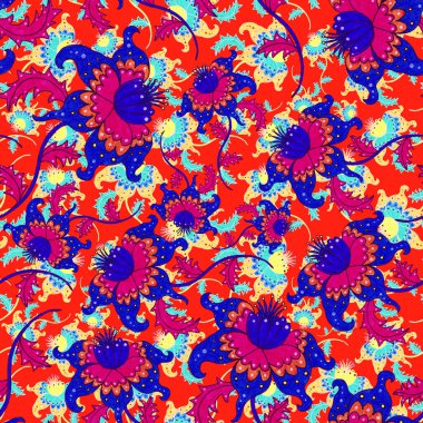 Çiçekli ve yapraklı suluboya desenler etnik tarzda. Çiçek süsleme. Geleneksel şal deseni. Tekstil tasarım dokusu. Kabilesel etnik klasik dikişsiz model..