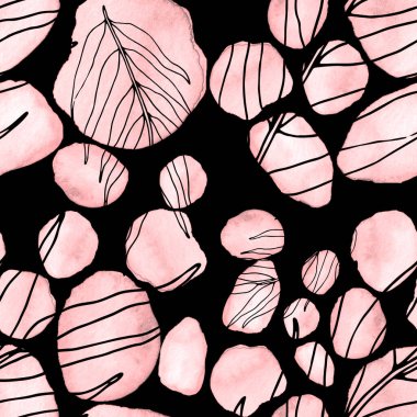 Çizgili sanat çiçekleri ve suluboya lekeleri olan yaratıcı kusursuz desen. Moda soyut modern vintage baskı.