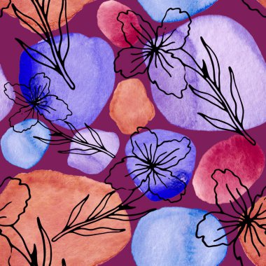 Çizgili sanat çiçekleri ve suluboya lekeleri olan yaratıcı kusursuz desen. Moda soyut modern vintage baskı.