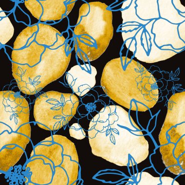 Çizgili sanat çiçekleri ve suluboya lekeleri olan yaratıcı kusursuz desen. Moda soyut modern vintage baskı.