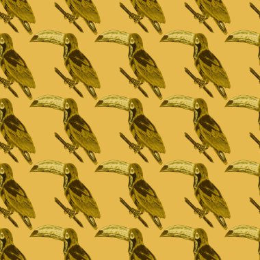 Tukanla dikişsiz suluboya desen. Tropik kuşlu ve yapraklı egzotik botanik orman duvar kağıdı. Parlak yaz şablonu geçmişi.