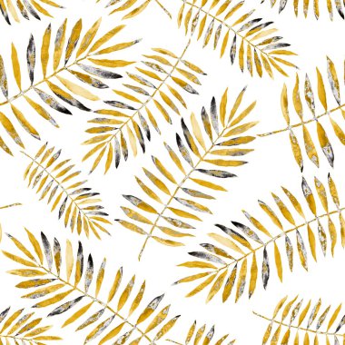 Renkli ve soyut tropikal yapraklı suluboya desenli. Egzotik bitkilerle dolu parlak yaz baskısı. Yaratıcı trend botanik tekstil tasarımı.