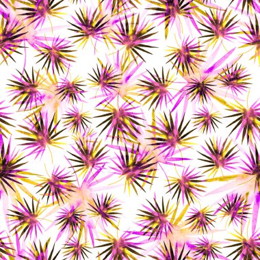 Renkli ve soyut tropikal yapraklı suluboya desenli. Egzotik bitkilerle dolu parlak yaz baskısı. Yaratıcı trend botanik tekstil tasarımı.