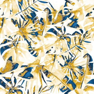 Renkli ve soyut tropikal yapraklı suluboya desenli. Egzotik bitkilerle dolu parlak yaz baskısı. Yaratıcı trend botanik tekstil tasarımı.