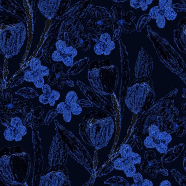 Balmumu pastel boyalarla çizilmiş soyut çiçekleri olan yaratıcı, pürüzsüz desen. Parlak renkli çiçek deseni.