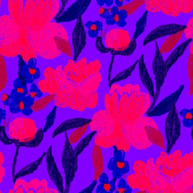 Balmumu pastel boyalarla çizilmiş soyut çiçekleri olan yaratıcı, pürüzsüz desen. Parlak renkli çiçek deseni.