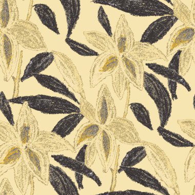 Balmumu pastel boyalarla çizilmiş soyut çiçekleri olan yaratıcı, pürüzsüz desen. Parlak renkli çiçek deseni.