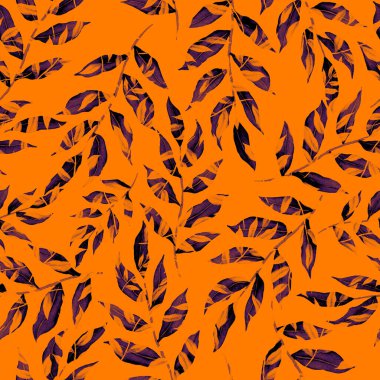 Vintage yapraklı suluboya desenli. Dekoratif tasarım için renkli yaprakları olan güzel bir botanik baskısı. Parlak bahar ya da yaz arkaplanı. Klasik düğün dekoru. Tekstil tasarımı.