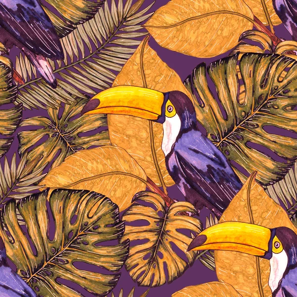 水彩无缝图案与触角 异国植物的丛林壁纸与热带鸟类和树叶 明亮的夏季图案背景 — 图库照片