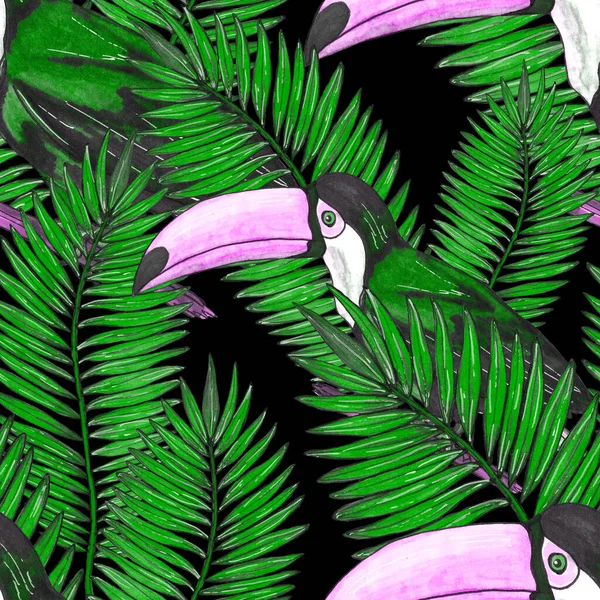 Υδατογραφία Αδιάλειπτη Μοτίβο Τουκάν Εξωτική Βοτανική Ζούγκλα Ταπετσαρία Τροπικό Πουλί — Φωτογραφία Αρχείου