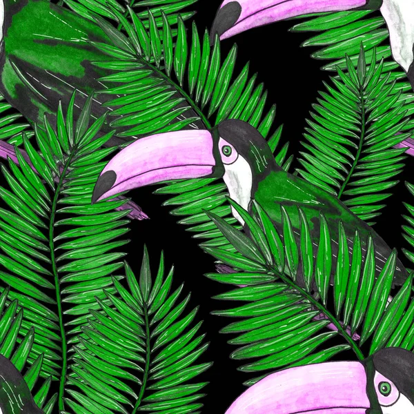 Aquarelle Motif Sans Couture Avec Toucan Fond Écran Botanique Jungle — Photo