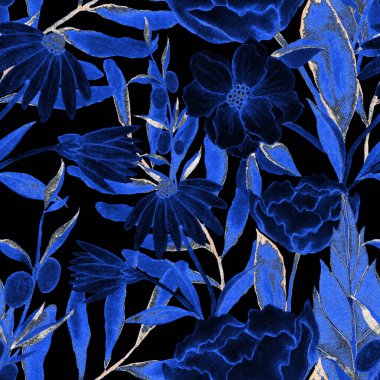 Çiçeklerle suluboya kusursuz desen. Klasik çiçek desenleri. Çiçeksiz desen. Botanik sanatı. Çiçek botanik koleksiyonu. Çiçek seti. Suluboya botanik tasarımı.