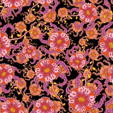 Çiçekli ve yapraklı suluboya desenler etnik tarzda. Çiçek süsleme. Geleneksel şal deseni. Tekstil tasarım dokusu. Kabilesel etnik klasik dikişsiz model..