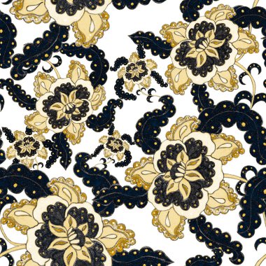 Çiçekli ve yapraklı suluboya desenler etnik tarzda. Çiçek süsleme. Geleneksel şal deseni. Tekstil tasarım dokusu. Kabilesel etnik klasik dikişsiz model..