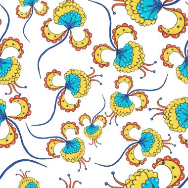 Çiçekli ve yapraklı suluboya desenler etnik tarzda. Çiçek süsleme. Geleneksel şal deseni. Tekstil tasarım dokusu. Kabilesel etnik klasik dikişsiz model..