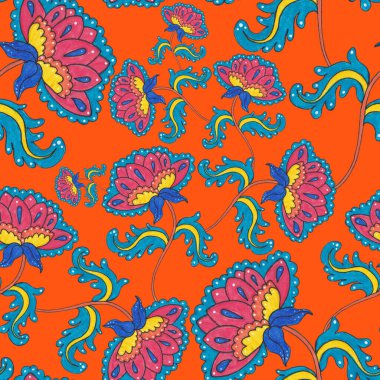 Çiçekli ve yapraklı suluboya desenler etnik tarzda. Çiçek süsleme. Geleneksel şal deseni. Tekstil tasarım dokusu. Kabilesel etnik klasik dikişsiz model..