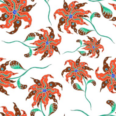 Çiçekli ve yapraklı suluboya desenler etnik tarzda. Çiçek süsleme. Geleneksel şal deseni. Tekstil tasarım dokusu. Kabilesel etnik klasik dikişsiz model..