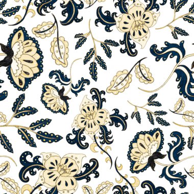 Çiçekli ve yapraklı suluboya desenler etnik tarzda. Çiçek süsleme. Geleneksel şal deseni. Tekstil tasarım dokusu. Kabilesel etnik klasik dikişsiz model..