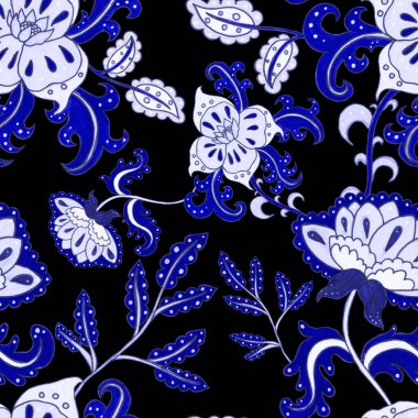 Çiçekli ve yapraklı suluboya desenler etnik tarzda. Çiçek süsleme. Geleneksel şal deseni. Tekstil tasarım dokusu. Kabilesel etnik klasik dikişsiz model..