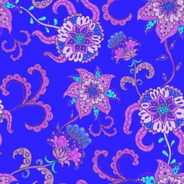 Çiçekli ve yapraklı suluboya desenler etnik tarzda. Çiçek süsleme. Geleneksel şal deseni. Tekstil tasarım dokusu. Kabilesel etnik klasik dikişsiz model..