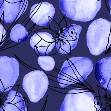 Çizgili sanat çiçekleri ve suluboya lekeleri olan yaratıcı kusursuz desen. Moda soyut modern vintage baskı.