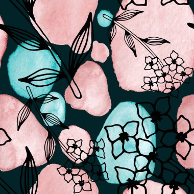 Çizgili sanat çiçekleri ve suluboya lekeleri olan yaratıcı kusursuz desen. Moda soyut modern vintage baskı.