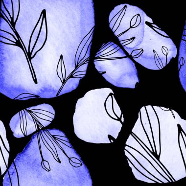 Çizgili sanat çiçekleri ve suluboya lekeleri olan yaratıcı kusursuz desen. Moda soyut modern vintage baskı.