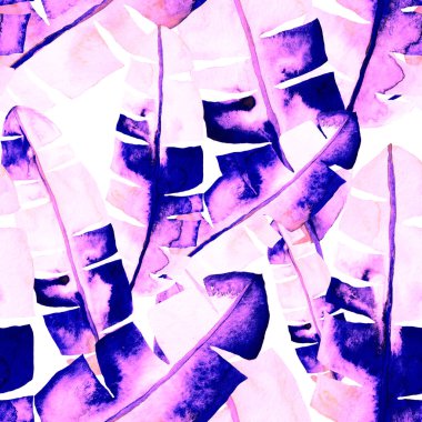 Renkli ve soyut tropikal yapraklı suluboya desenli. Egzotik bitkilerle dolu parlak yaz baskısı. Yaratıcı trend botanik tekstil tasarımı.