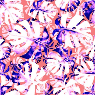 Renkli ve soyut tropikal yapraklı suluboya desenli. Egzotik bitkilerle dolu parlak yaz baskısı. Yaratıcı trend botanik tekstil tasarımı.