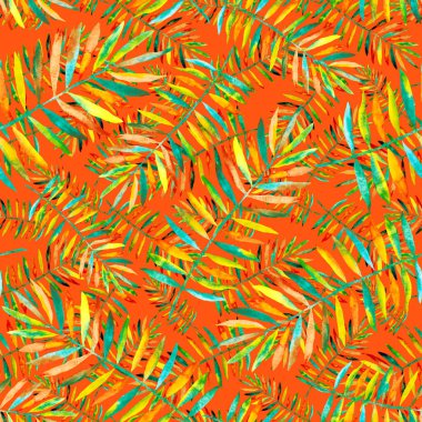 Renkli ve soyut tropikal yapraklı suluboya desenli. Egzotik bitkilerle dolu parlak yaz baskısı. Yaratıcı trend botanik tekstil tasarımı.