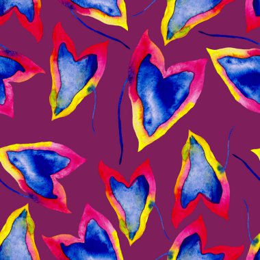 Renkli ve soyut tropikal yapraklı suluboya desenli. Egzotik bitkilerle dolu parlak yaz baskısı. Yaratıcı trend botanik tekstil tasarımı.