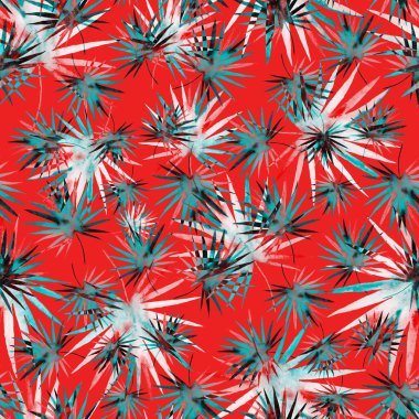 Renkli ve soyut tropikal yapraklı suluboya desenli. Egzotik bitkilerle dolu parlak yaz baskısı. Yaratıcı trend botanik tekstil tasarımı.