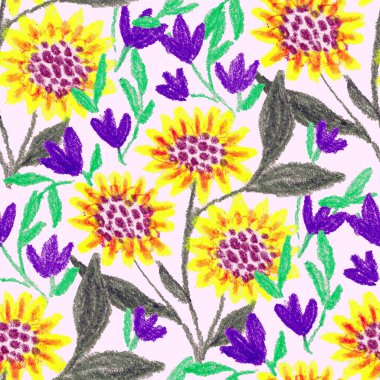 Balmumu pastel boyalarla çizilmiş soyut çiçekleri olan yaratıcı, pürüzsüz desen. Parlak renkli çiçek deseni.