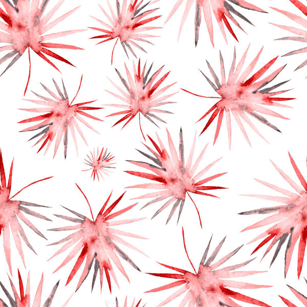 Watercolor seamless pattern with colorful abstract tropical leaves. Bright summer print with exotic plants. Creative trendy botanical textile design.