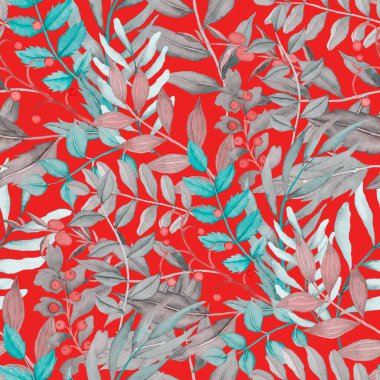 Vintage yapraklı suluboya desenli. Dekoratif tasarım için renkli yaprakları olan güzel bir botanik baskısı. Parlak bahar ya da yaz arkaplanı. Klasik düğün dekoru. Tekstil tasarımı.