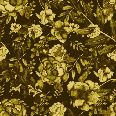 Çiçeklerle suluboya kusursuz desen. Klasik çiçek desenleri. Çiçeksiz desen. Botanik sanatı. Çiçek botanik koleksiyonu. Çiçek seti. Suluboya botanik tasarımı.