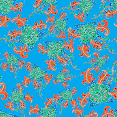 Çiçekli ve yapraklı suluboya desenler etnik tarzda. Çiçek süsleme. Geleneksel şal deseni. Tekstil tasarım dokusu. Kabilesel etnik klasik dikişsiz model..