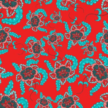 Çiçekli ve yapraklı suluboya desenler etnik tarzda. Çiçek süsleme. Geleneksel şal deseni. Tekstil tasarım dokusu. Kabilesel etnik klasik dikişsiz model..