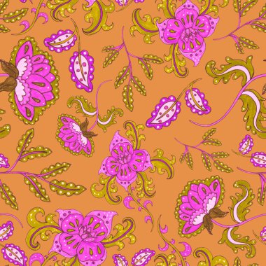 Çiçekli ve yapraklı suluboya desenler etnik tarzda. Çiçek süsleme. Geleneksel şal deseni. Tekstil tasarım dokusu. Kabilesel etnik klasik dikişsiz model..