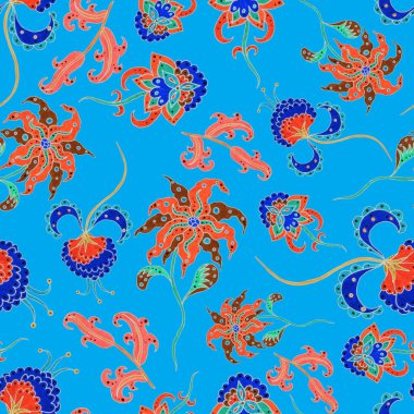 Çiçekli ve yapraklı suluboya desenler etnik tarzda. Çiçek süsleme. Geleneksel şal deseni. Tekstil tasarım dokusu. Kabilesel etnik klasik dikişsiz model..