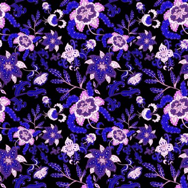 Çiçekli ve yapraklı suluboya desenler etnik tarzda. Çiçek süsleme. Geleneksel şal deseni. Tekstil tasarım dokusu. Kabilesel etnik klasik dikişsiz model..