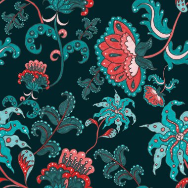 Çiçekli ve yapraklı suluboya desenler etnik tarzda. Çiçek süsleme. Geleneksel şal deseni. Tekstil tasarım dokusu. Kabilesel etnik klasik dikişsiz model..