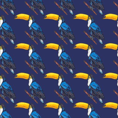 Tukanla dikişsiz suluboya desen. Tropik kuşlu ve yapraklı egzotik botanik orman duvar kağıdı. Parlak yaz şablonu geçmişi.