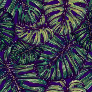 Tropikal yapraklarla suluboya kusursuz desen. Elle çizilmiş egzotik bitkilerle çok güzel bir iz. Mayo botanik tasarımı.