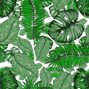 Tropikal yapraklarla suluboya kusursuz desen. Elle çizilmiş egzotik bitkilerle çok güzel bir iz. Mayo botanik tasarımı.